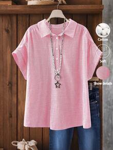 Linhara Plus Size Striped Short-Sleeved Casual Blouse, Linen Shirt, Going Out Top, Vacation Blouse, Summer Women - Pink - View 3