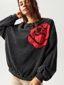 Bohemela Plus Size Women's Floral Print Drop Shoulder Long Sleeve Crew Neck Loose Sweatshirt Fall - Black - View 4