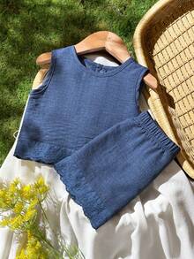 SHEIN Vintaside Kids 女嬰夏季藍色紋理蕾絲飾邊背心與短褲套裝，日常穿著與外出必備 - 藍色 - 查看 5
