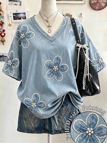 Lalippa Women's V-Neck Faux Pearl Floral Pattern Casual Daily Wear T-Shirt - Multicolor - View 1