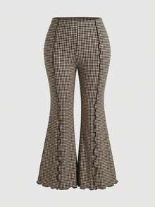 SHEIN MOD Plus Size Autumn Vintage Brown Houndstooth Flare Pants, Retro Casual, Daily Commute, Office Wear, Preppy Style, Versatile Pants For Autumn/Winter - Brown - View 6