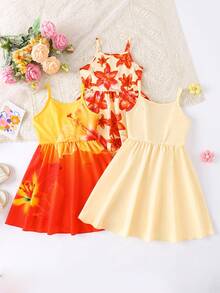 SHEIN 女童3件套洋裝，清新彩色花卉印花細肩帶A字軟質洋裝，充滿夏日活力與童年純真，適合外出、度假與夏季穿著 - 彩色 - 查看 6