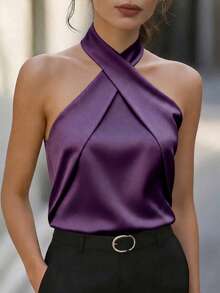 SHEIN Clasi Blusa elegante de color contrastante para mujeres, adecuada para ir al trabajo y citas, tela cómoda, primavera/verano - Morado - Ver 1