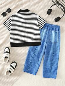 SHEIN 2pcs Young Boy Cute Print Urban Academy Casual Short Sleeve Black & White POLO Shirt And Elastic Waist Long Pants Set, Suitable For Birthday Party, Evening Party, Performance, Wedding, Full Moon, Baptism, 1st Birthday Celebration And Baby Shower - Multicolor - View 2