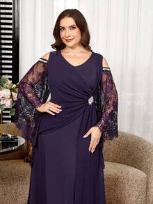 Reflora Plus Size Elegant Elegant Rhinestone Buckle Pleated Lace Patchwork Dress Fall - Purple - View 6