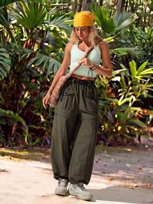 WanderVale Women's Solid Color Cargo Pocket Loose Fit Hiking Pants - Dark Green - View 7