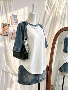 Lalippa Women's Casual T-Shirt With Denim Effect Print And Raglan Sleeves - Multicolor - View 3