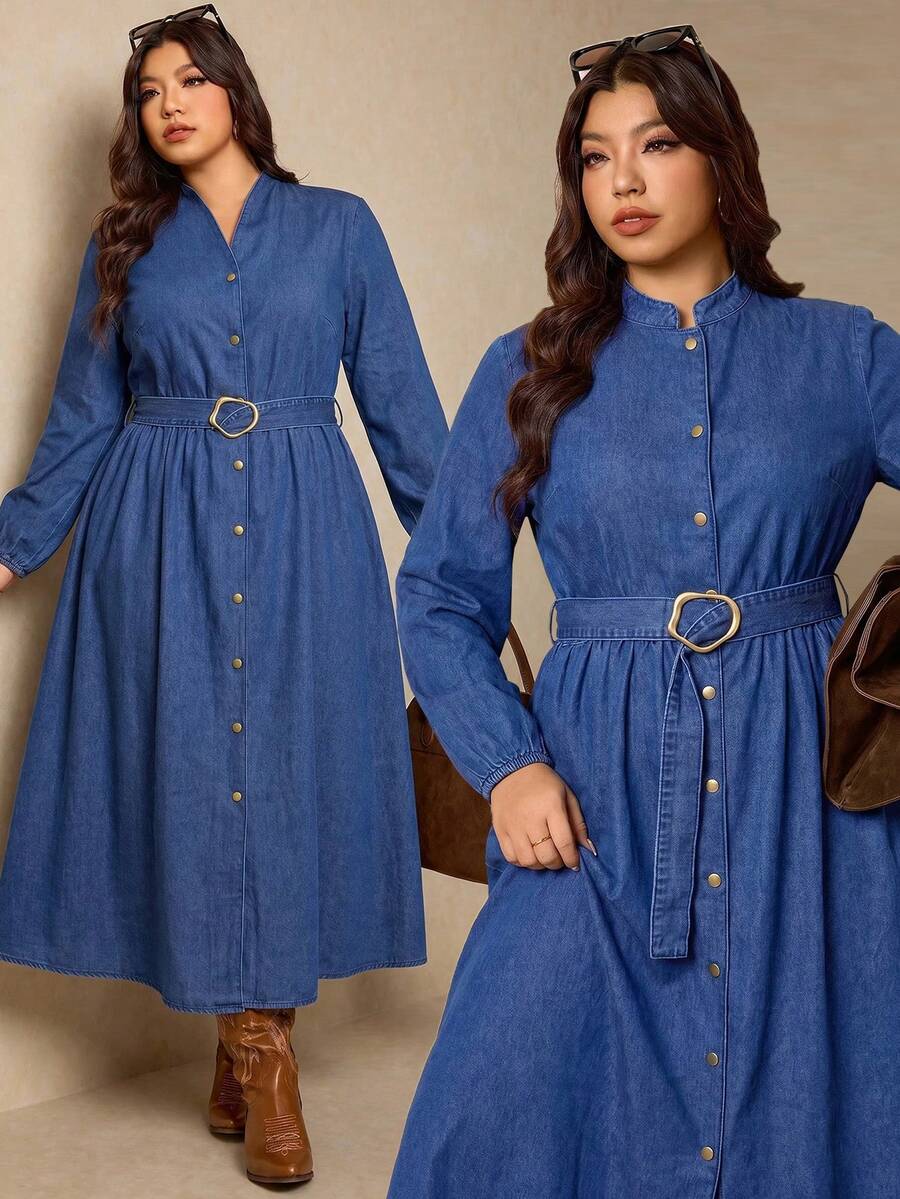 Elaquor Plus Size Casual Commute Front Button Denim Dress Fall Clothes Festival Outfits Back To School Elegant Dresses For Party Graduation Dress Work Dress - Dark Wash - View 1