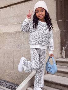 Jungmädchen gestreiftes Strick-Sweatshirt-Set, Lässig, Streetwear, Gepardenmuster, Strickjacke, Pullover, Herbst, Winter, Sport, Alltag, Bequem, Warm, Outfit - Verschiedenfarbig - Übersicht 2