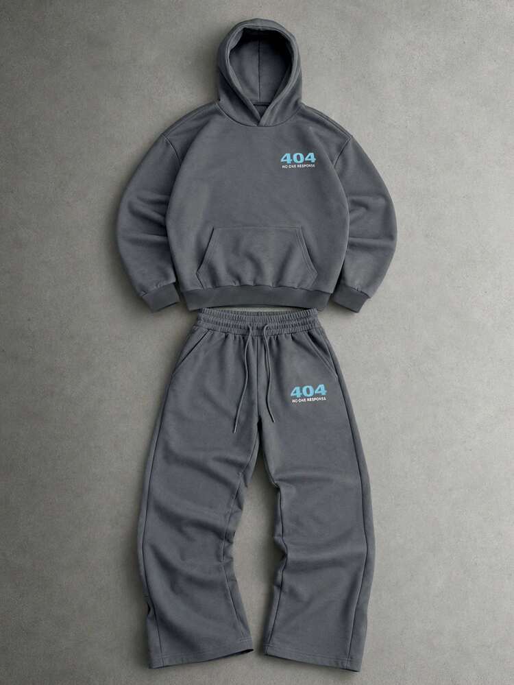 PAVTROS Men's Cyber Street Style, Fashion Casual Hoodie And Wide Leg Sweatpants 2-Piece Set, Knit Set, Sports Set, Elastic Waist Wide Leg Sweatpants, Internet Classic Slogan, Humorous Offline Person Slogan, Digital Culture, American Casual, Unisex Style, Couples Outfit, Best Holiday Gift - Grey - View 9