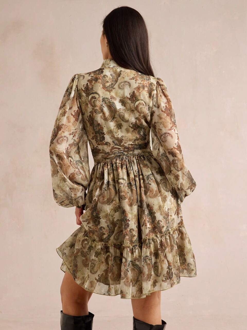 Enchnt Premium Pre-Fall Romantic Women's Elegant Brown Print Fashionable Paisley Print Short Dress,Casual Dress,Festival Outfit,Homecoming,Party Dress