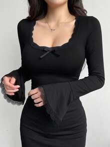 DAZY 女款素色對比蕾絲蝴蝶結裝飾長袖修身T恤 - 黑色 - 查看 6