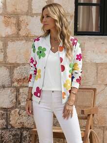 EMERY ROSE Casual Flower Print Baseball Collar Jacket Fall Winter Cloth For Women - Multicolor - View 2