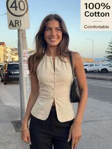 Siren Gaze 100 Cotton Summer Women Chinese-Style Elegant Y2k Vacation Streetwear Vintage Going Out Brunch Casual Frog Button Fitted Halter Neck Daily Top Beige - Apricot - View 12