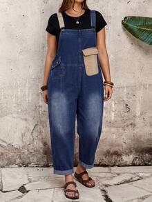 EMERY ROSE EMERY ROSE Plus Size Casual Traditional Baggy Formal Whimsical Denim Overalls For Vacation Halloween Back To School Country Cuffed Ankle Navy Blue Tapere Summer - Black - View 8