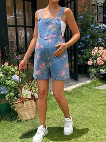 SHEIN 孕婦夏季休閒花卉印花牛仔吊褲 - 藍色 - 查看 5