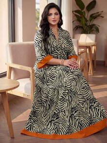 SHEIN Lady CURVE Gaun Pesta Kasual Wanita Ukuran Besar dengan Leher V Berlekuk dan Motif Cetak Seluruh Permukaan, Elegan untuk Musim Gugur - MultiWarna - View 1