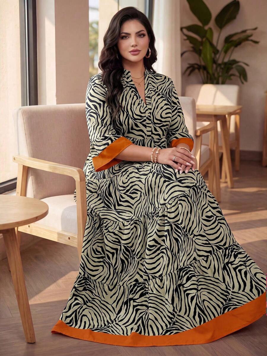 SHEIN Lady CURVE Gaun Pesta Kasual Wanita Ukuran Besar dengan Leher V Berlekuk dan Motif Cetak Seluruh Permukaan, Elegan untuk Musim Gugur - MultiWarna - View 1