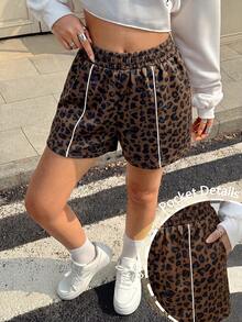 Aidyla 女款彈性腰豹紋休閒街頭風嘻哈百搭日常度假野餐短褲 深棕色 夏季 - 彩色 - 查看 3