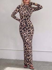 SHEIN Raffinéa Vestido largo ajustado de manga larga con estampado de leopardo y fruncido para mujer, moda de otoño/invierno para ir al trabajo, color marrón - Marrón - Ver 4