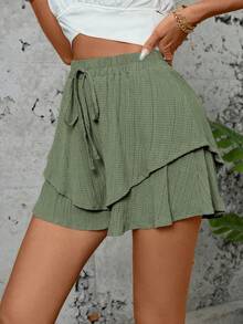 LUMIGAL Women's Vacation Textured Ruffle Hem Tie Shorts - Green - View 5