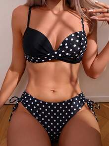 Swim Lushoire Women's Summer Beach Polka Dot Print Two-Piece Swimsuit, Random Print, Push-Up With Underwire - Black and White - View 3