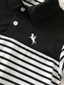 SHEIN 2pcs Young Boy Cute Print Urban Academy Casual Short Sleeve Black & White POLO Shirt And Elastic Waist Long Pants Set, Suitable For Birthday Party, Evening Party, Performance, Wedding, Full Moon, Baptism, 1st Birthday Celebration And Baby Shower - Multicolor - View 6