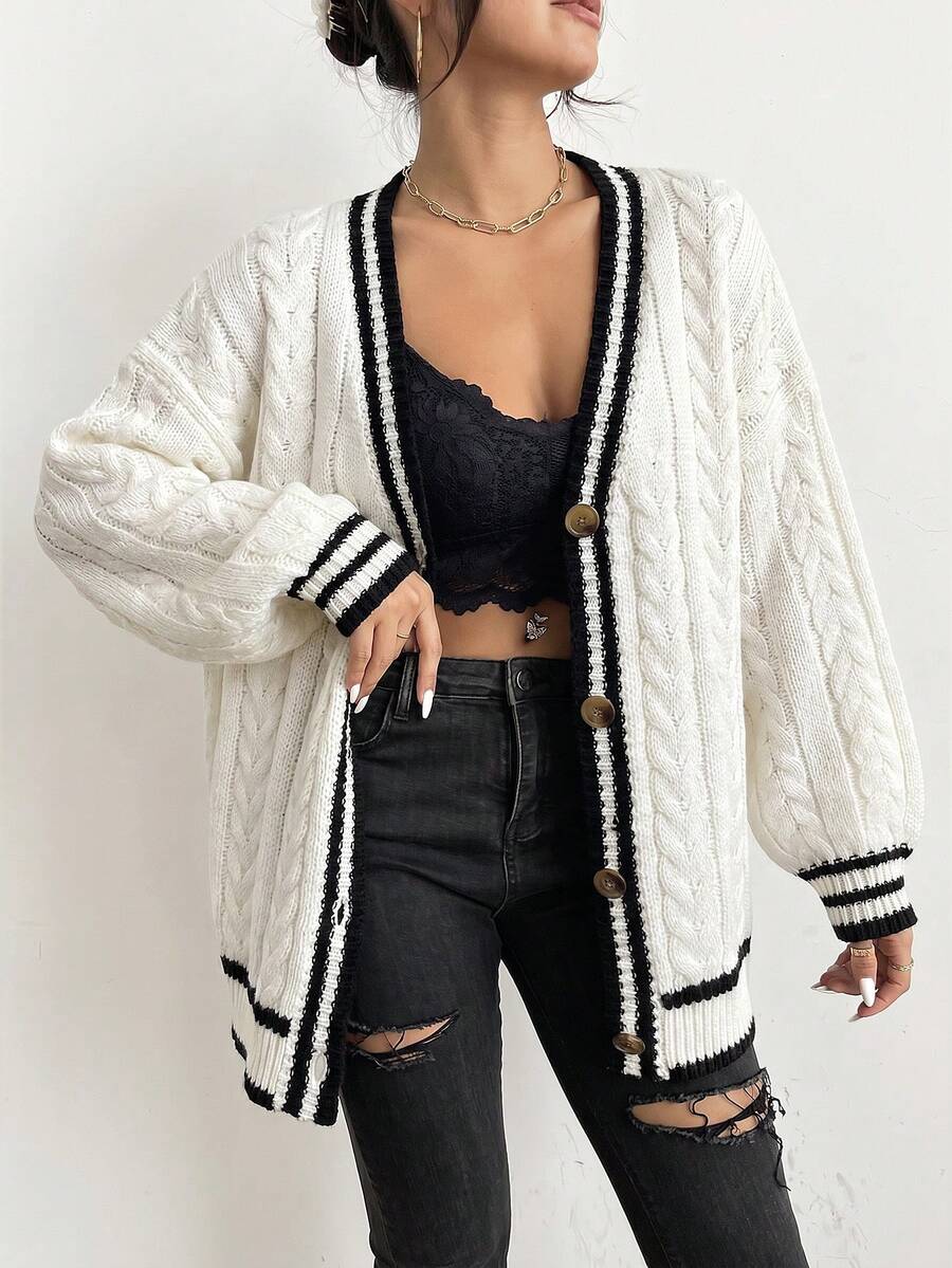 SHEIN Franclia 休閒拼色滾邊粗針編織開襟羊毛衫 - 黑與白 - 查看 1