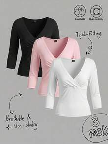 Comfortcana 3pcs Kaos Basic Putih, Hitam, Pink Muda, Leher V Dalam, Pas Badan, Lengan Sedang, Cocok untuk Kembali ke Sekolah, Atasan Awal Musim Gugur, Cocok untuk Perjalanan Sehari-hari, Pesta, dan Kerja - MultiWarna - View 1