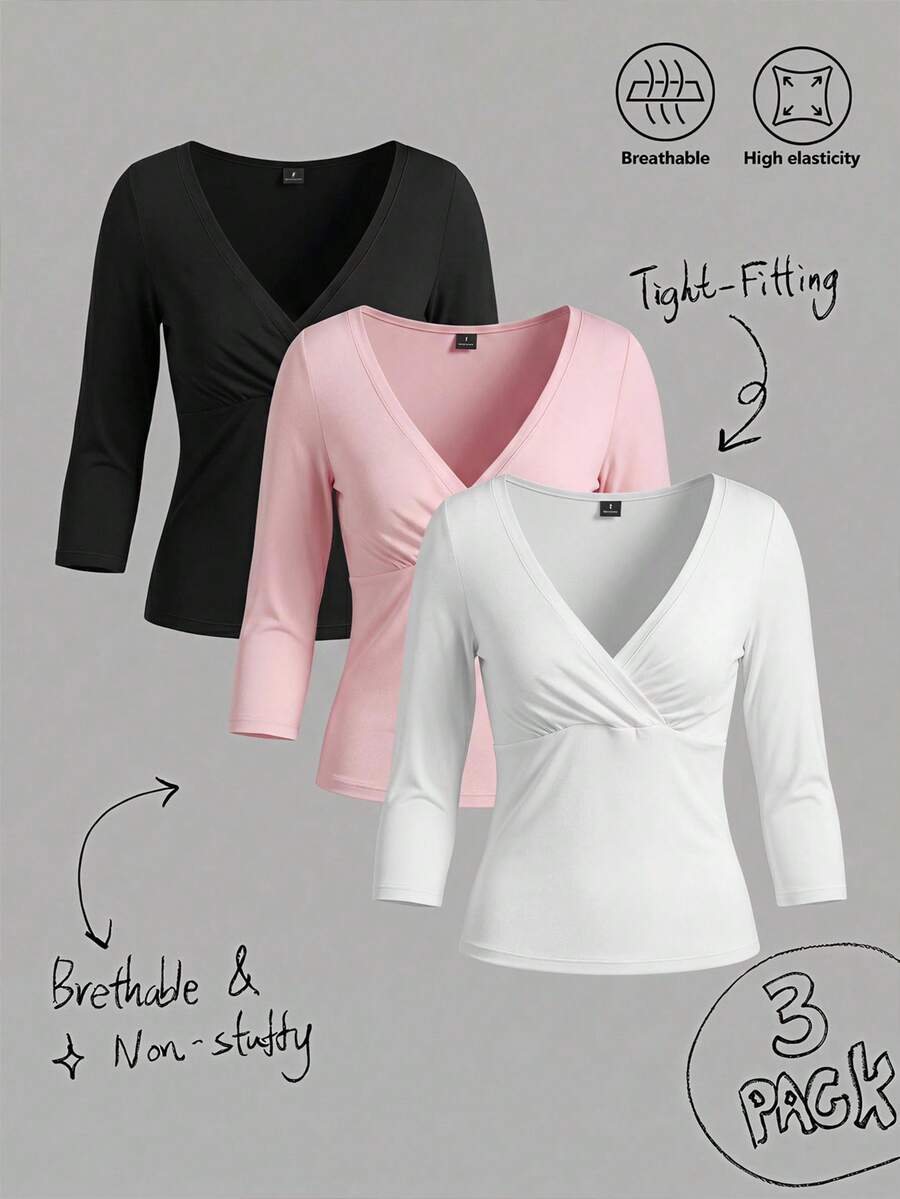 Comfortcana 3pcs Kaos Basic Putih, Hitam, Pink Muda, Leher V Dalam, Pas Badan, Lengan Sedang, Cocok untuk Kembali ke Sekolah, Atasan Awal Musim Gugur, Cocok untuk Perjalanan Sehari-hari, Pesta, dan Kerja - MultiWarna - View 1