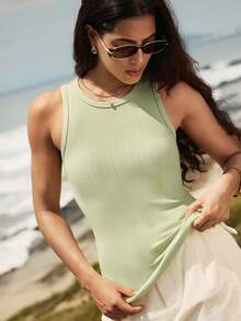 Nima Coro Women's Summer Casual Tropical Versatile Solid Color Tank Top Vacation Light Green - Green - View 7