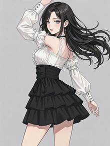 FRIFUL Rok Ruffle Berlapis Pinggang Tinggi Wanita yang Mempesona, Atasan Lucu Serbaguna - Hitam - View 13