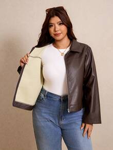 Elaquor Plus Size Fashion Streetwear PU Material Long Sleeve Zipper Jacket Casual Daily Going Out Brown Jacket For Women Fall/Winter Casual Office Work Outfit - Brown - View 8