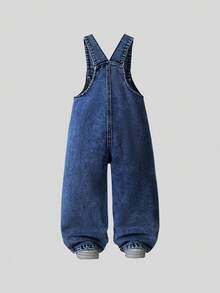 SHEIN ChillGRL 2026春夏新款 SS26 兒童夏季服飾 幼女休閒百搭牛仔吊帶褲 輕淺藍牛仔布 粉色蝴蝶結刺繡 寬鬆直筒褲腿 舒適柔軟細棉牛仔面料 適合度假旅行 日常穿著 春夏秋冬皆宜 復古時尚風格 - 深色水洗藍 - 查看 3