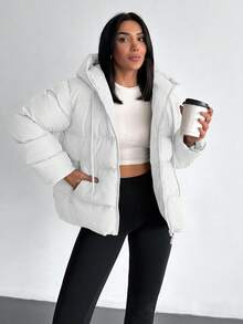EURMUSE Solid Color, Zip Up, Hooded Winter Coat - White - View 8