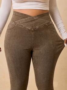 SHEIN Tall CURVE 大尺碼女款不對稱腰線休閒日常穿著緊身牛仔褲 - 棕色 - 查看 3