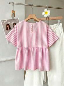 SHEIN EZwear 女款圓領條紋百褶休閒日常通勤襯衫 - 粉色 - 查看 2