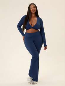 Levarali Plus Size Women's Sports Yoga Fitness Set, Autumn Fall - Navy Blue - View 1