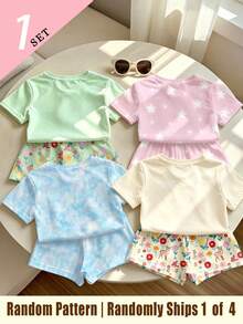 (1 Random Item From 4) Girls' Colorful Floral Long Hair Cartoon Print Basic Short T-Shirt And Shorts - Multicolor - View 2