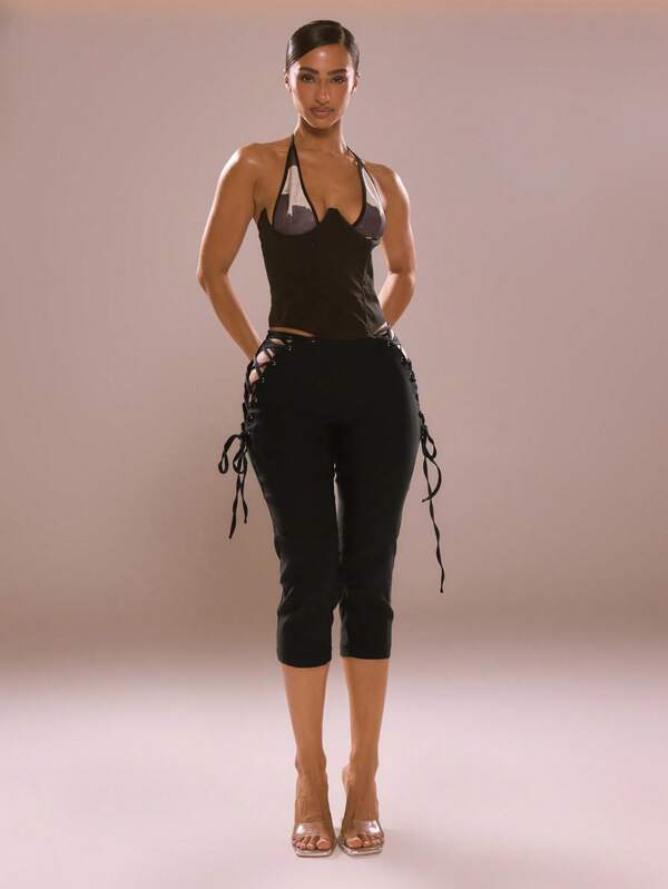 MUSERA Black Lace Up Detail Both Side Capri Winter Party Fun Festival Black Capri Women Clothing