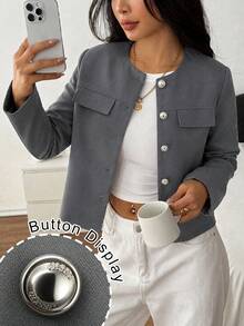 Modelyn Spring/Autumn Simple Fashion Elegant Round Neck Metal Button Slimming Versatile Daily Commute Women's Jacket - Grey - View 7