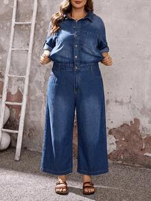 EMERY ROSE EMERY ROSE Plus Size Fashion Button Short Sleeve Pocket Denim Jumpsuit,Halloween Vacation Outfits Dates Vacation Blue Summer Normal Traditional - Blue - View 6