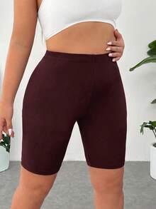 SHEIN EZwear 酒紅色涼感大尺碼女款純色高腰緊身短褲 - 酒紅色 - 查看 6