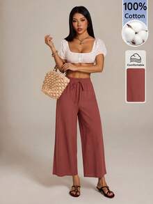 SHEIN PETITE 女款休閒棉麻混紡九分褲，卡其色，適合返校季、教師與大學生 - 紅木色 - 查看 5