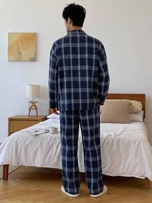 DAZY 秋季格紋襯衫搭配多色寬鬆男士居家休閒套裝 - 藏蓝色 - 查看 2