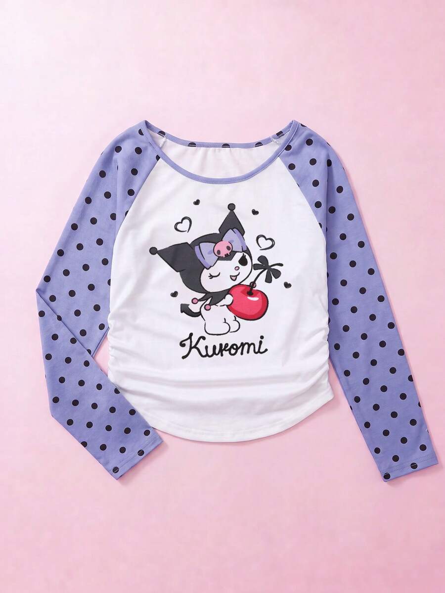 Maija Kids HELLO KITTY AND FRIENDS | SHEIN Maija Kids 1件 青少年女孩休閒優雅可愛細緻舒適針織卡通圖案紫色圓點拼接落肩長袖套頭T恤,適合返校、外出、休閒活動,秋冬穿著 - 紫色 - 查看 1