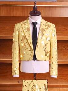 AKNOTIC Men's Fashion Commuter Formal Party Gold Foil Print Jacket Long Pants Suit Set Wedding Pale Yellow Summer Classy Elegant Formal - Light Yellow - View 1