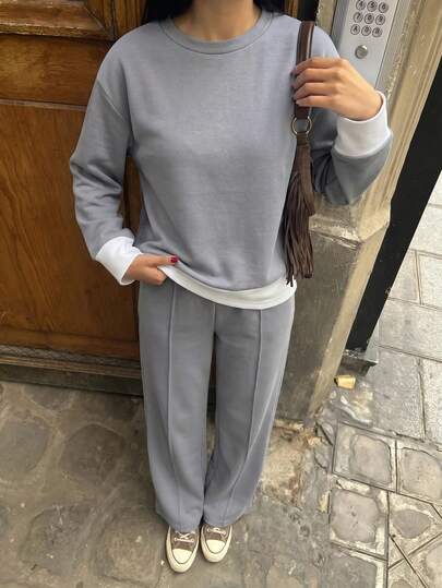 Petite Size Casual Crew Neck Sweatshirt With Hem Detailed, Comfort Fit Jogger 2 Pieces Outfit