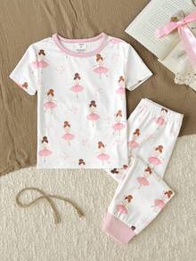 SHEIN 少女休閒簡約修身舒適圓領短袖長褲家居服套裝，2件組，貼身剪裁 - 淺粉色 - 查看 9