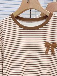 Comfortcana Women's Striped Patchwork Bow Print Casual Daily Long Sleeve T-Shirt - Multicolor - View 6
